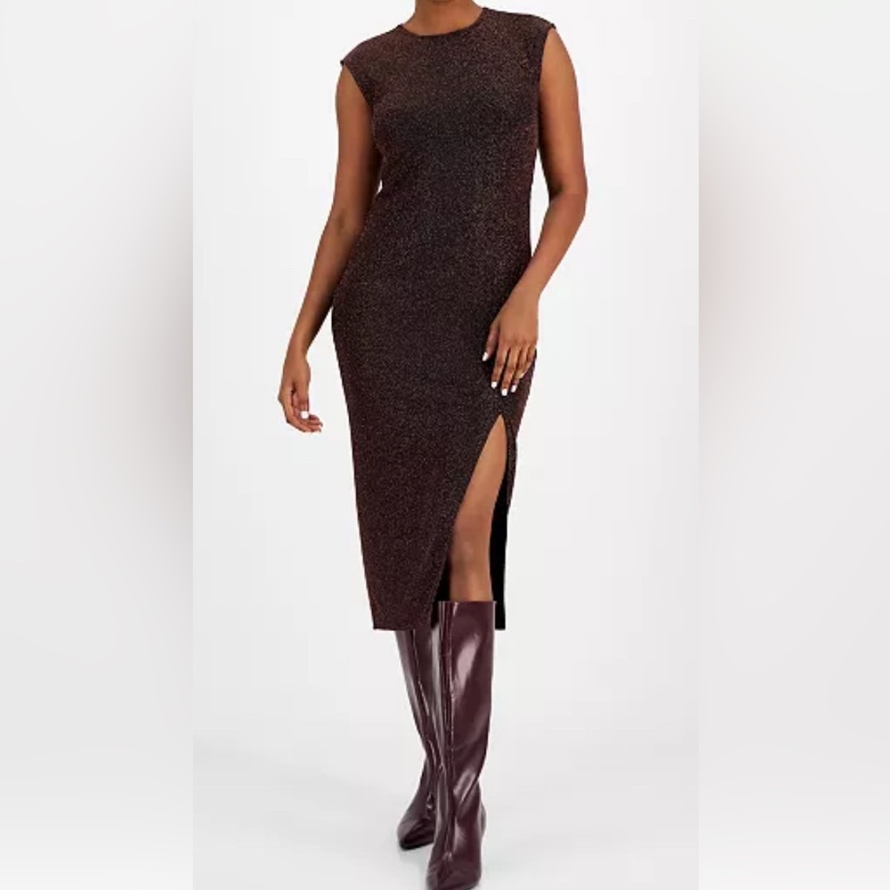 NWT Macy’s Bar III midi dress with front slit, gorgeous bronze shimmer, XL,lined